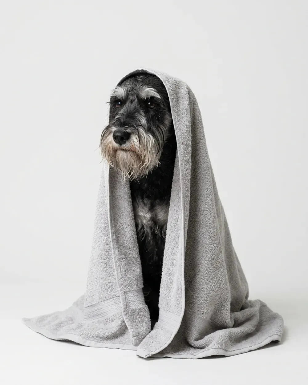 A black-and-grey dog with a light-grey towel draped over its head.