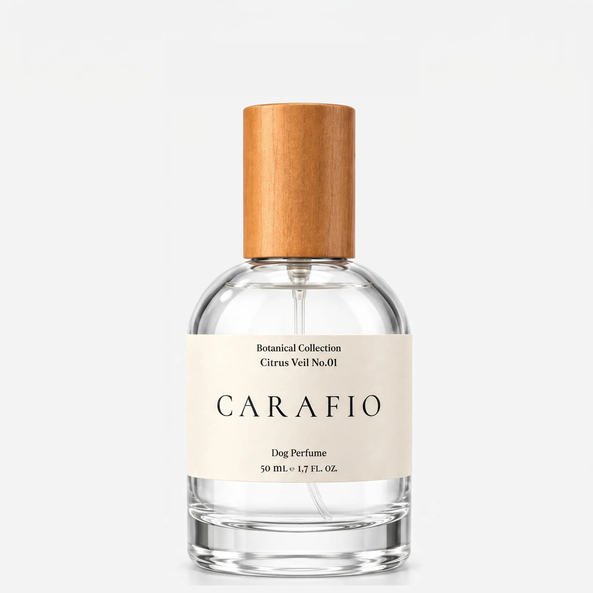 CARAFIO Citrus Veil No.01 dog perfume in a clear glass bottle with a wooden cap.