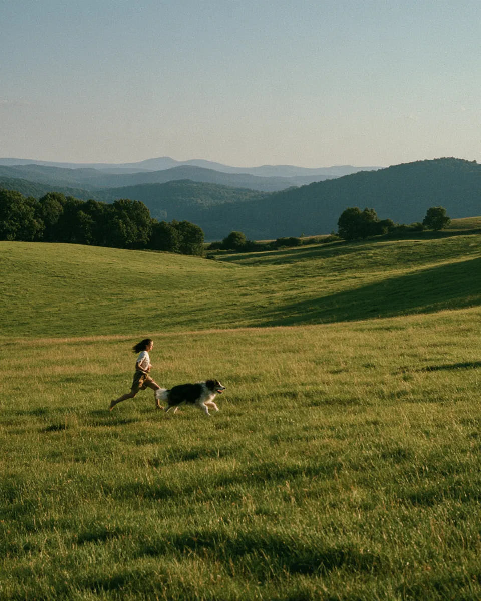 A person walking with a dog across a green meadow with hills in the distance.