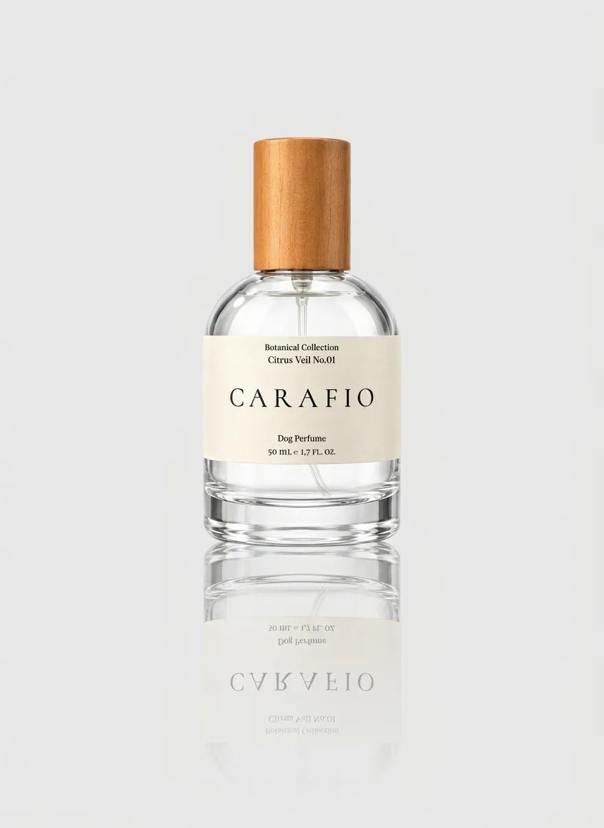CARAFIO Citrus Veil No.01 50 ml dog perfume bottle on a light-grey background.