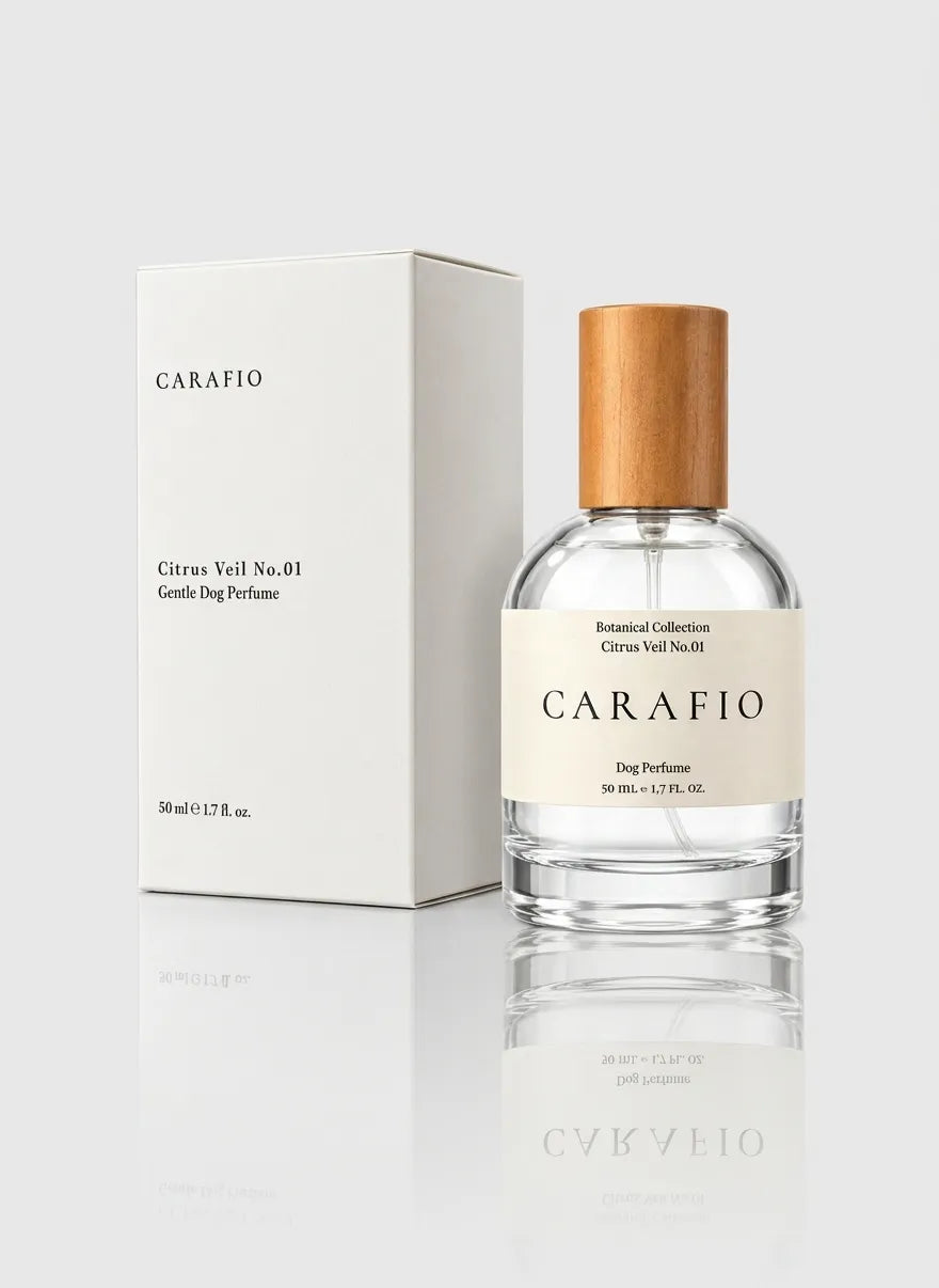 CARAFIO Citrus Veil No.01 50 ml dog perfume bottle with its packaging box.
